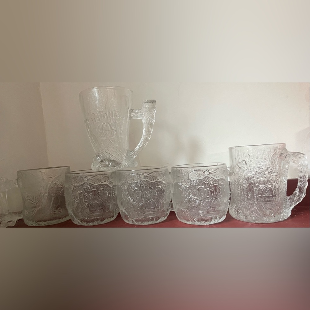 Flintstones McDonald's 6 Glass Carved Mugs Never Used Mint Rare